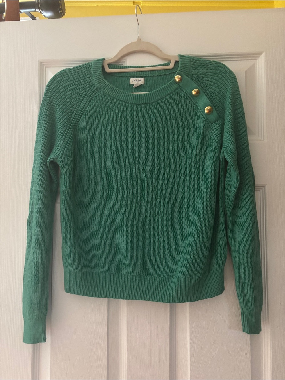 J. Crew Factory Green Crewneck Sweater with Gold Buttons on Shoulder